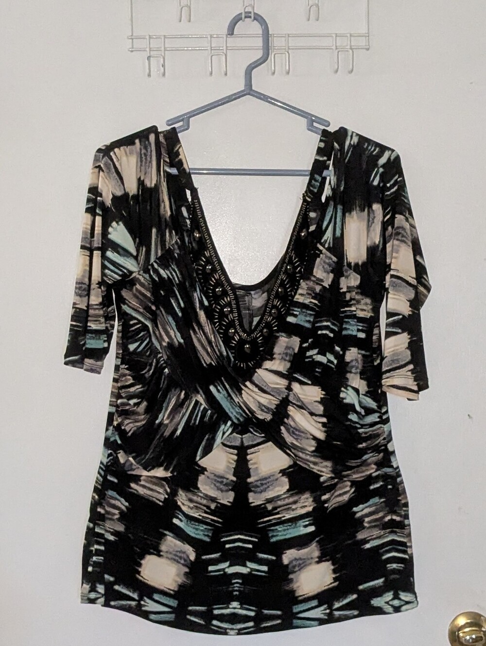 Boho Artsy Abstract Print Ruched Wrap Style Blouse, Size XL